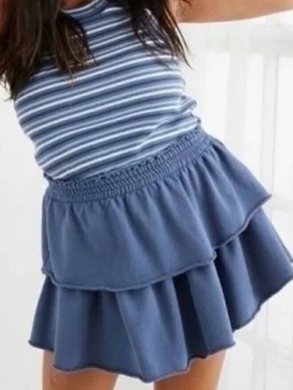 Aerie Weekend Ruffle Tiered Mini Skirt size Small Blue French Terry